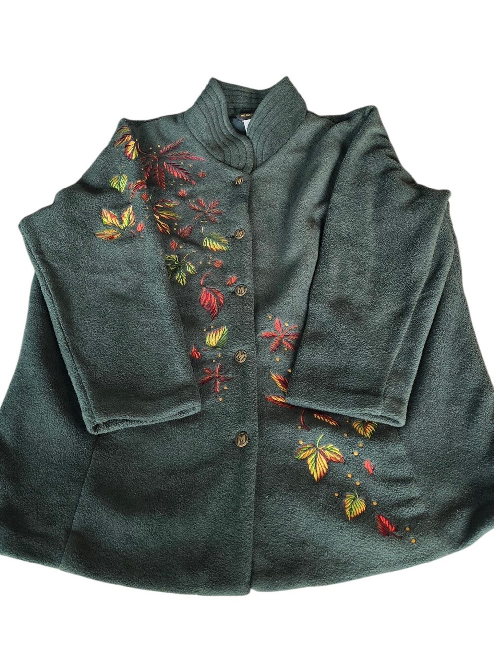Bob Mackie Jacket Womens 1X Green Wearable Art Fleece Embroidered Leaves Fall